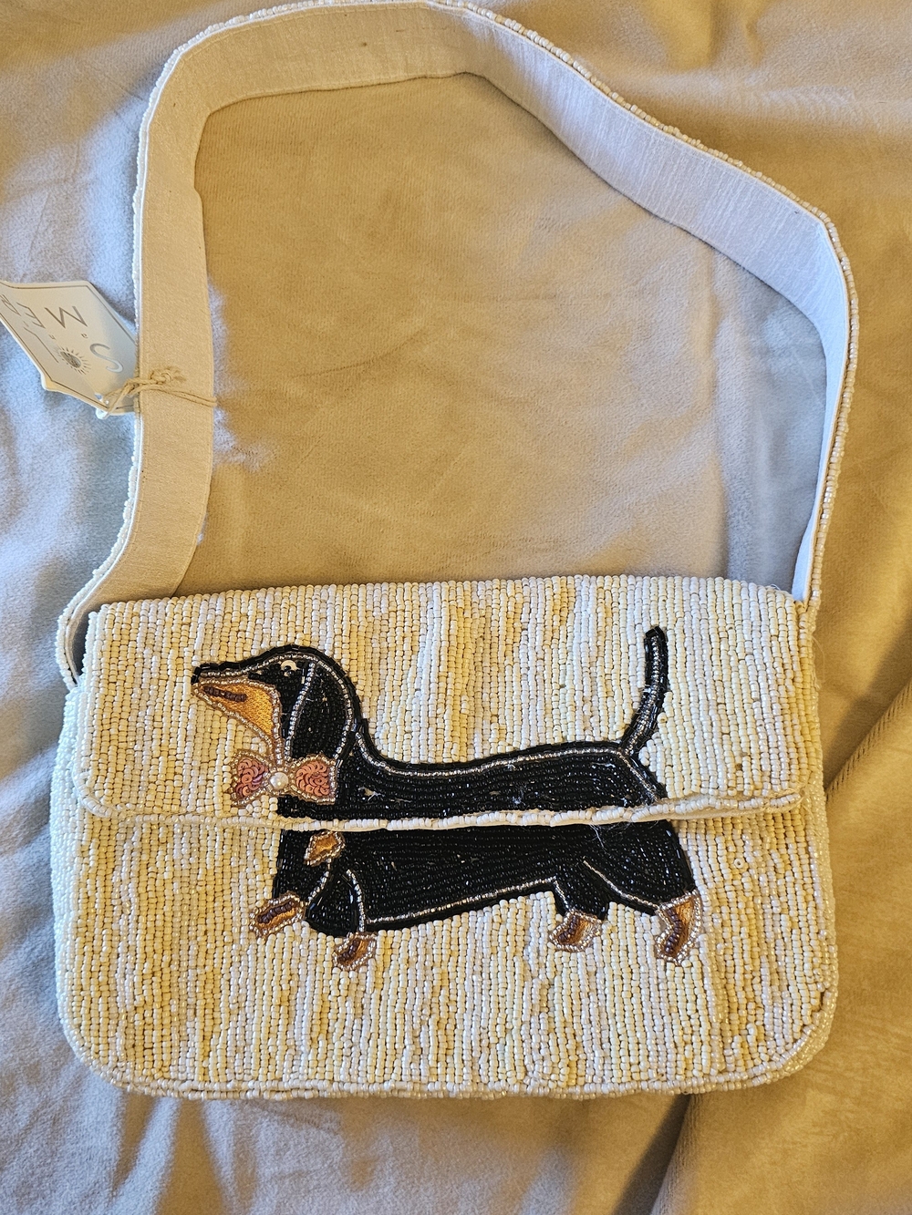 Beaded Dachshund Crossbody Bag - Cream and Black